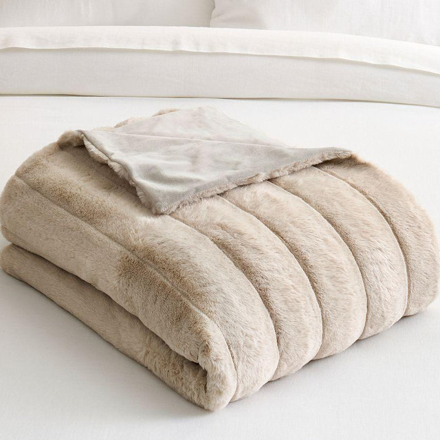 Double Faced Faux Fur Blanket, Ivory, Full/Queen