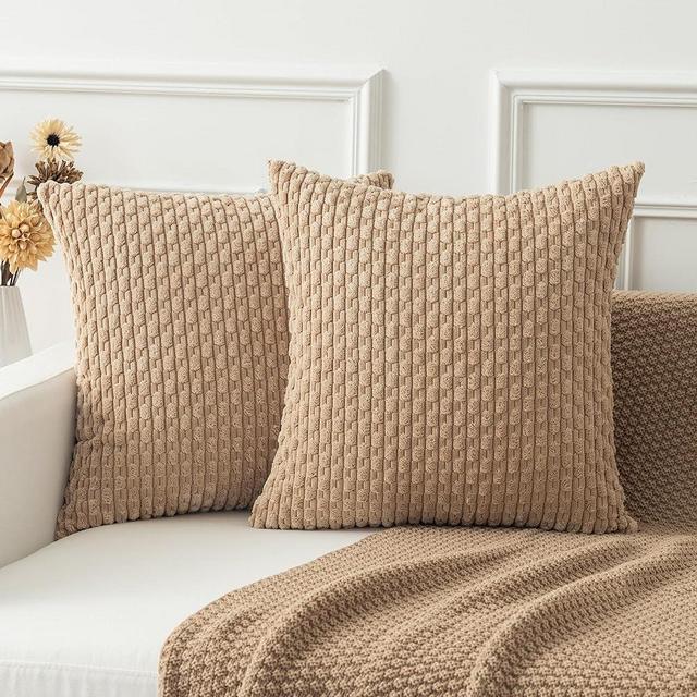 Kevin Textile Pack of 2 Tan Corduroy Decorative Throw Pillow Covers 24x24 Inch Soft Boho Striped Pillow Covers Modern Farmhouse Home Decor for Autumn Sofa Living Room Couch Bed