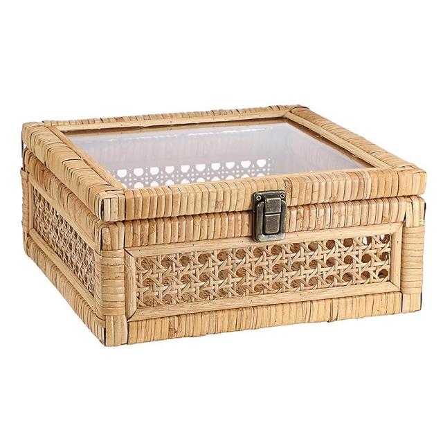 Hipiwe Vintage Decorative Box with Clear Lid Rattan Square Display Boxes Handcrafted Shelf Basket Bin Wicker Storage Basket Keepsakes Box for Bathroom Home Decor, Medium