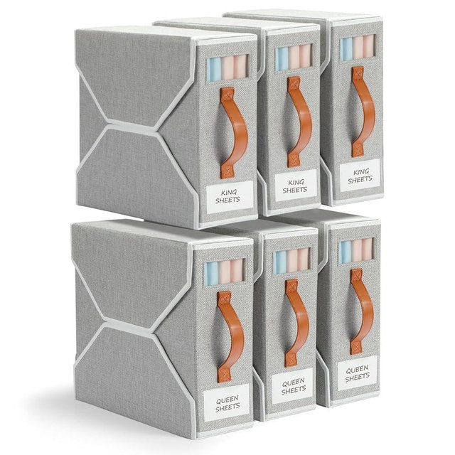 Yecaye 6 Pack Sheet Organizers and Storage, Bed Sheet Organizer for Linen Closet, Foldable Sheet Set Organizer with Clear Window and Label (Queen & King Size), Bedding Storage Box Container, Grey