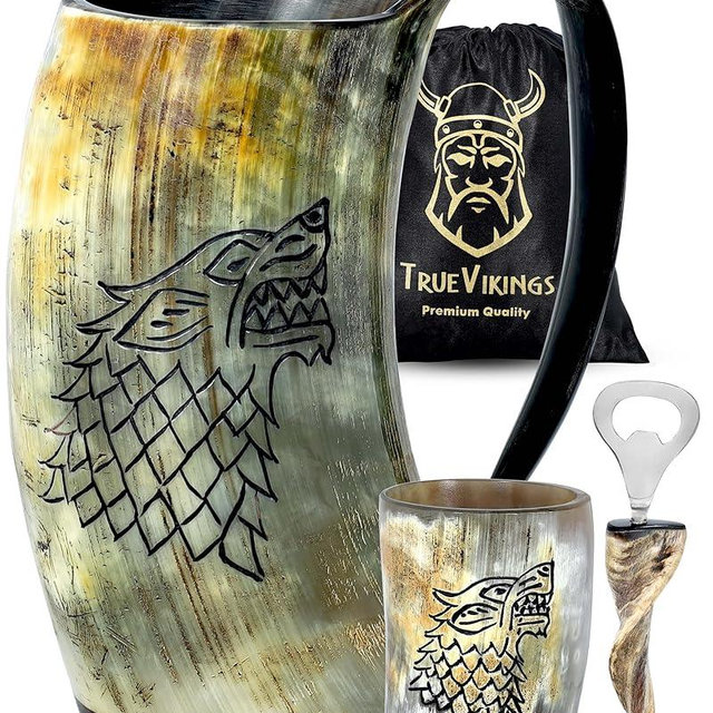 TRUE VIKING Drinking Horn Mug 16-20 oz – Gifts for Men, Dad, Husband – Unique Viking Gift – Handmade Authentic Ox Horn Cup with Shot Glass & Opener – For Beer, Ale, Mead – Natural Polished (Fenrir)