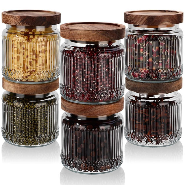 Acellegic 6 Pcs Vintage Glass Storage Jar Glass Containers with Wood Lid Ribbed Pattern Airtight Kitchen Spice Containers for Pantry, Coffee Bean, Grains, Tea, Sugar, Flour, Candy, Oats(500ml)