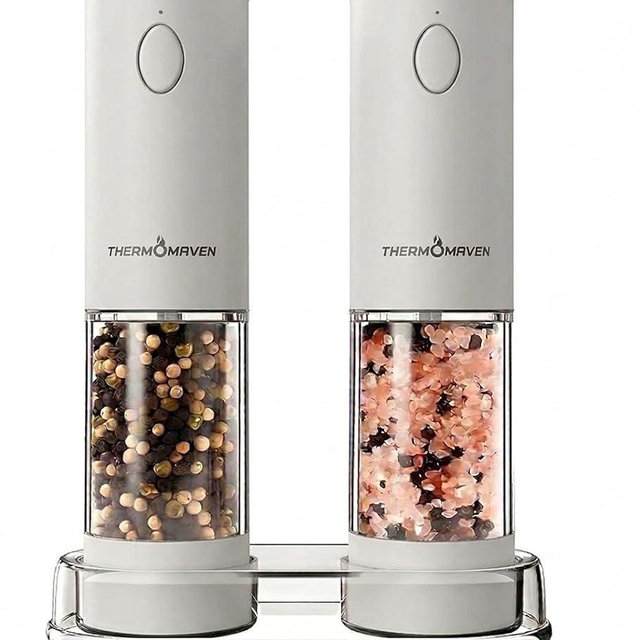 ThermoMaven Electric Salt and Pepper Grinder Set, 110ml Larger Rechargeable Automatic Salt and Pepper Mill Grinder with 6 Adjustable Coarseness, Electric Salt and Pepper Shakers, LED, White Sand