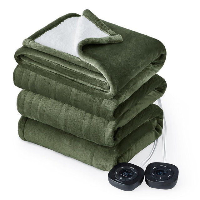 Bedsure Flannel Electric Blanket King - Flannel Heated Blanket with 10 Heat Settings, Heating Blanket with 10 Time Settings, 8 hrs Timer Auto Shut Off, and Dual Control (100x90 inches, Olive Green)