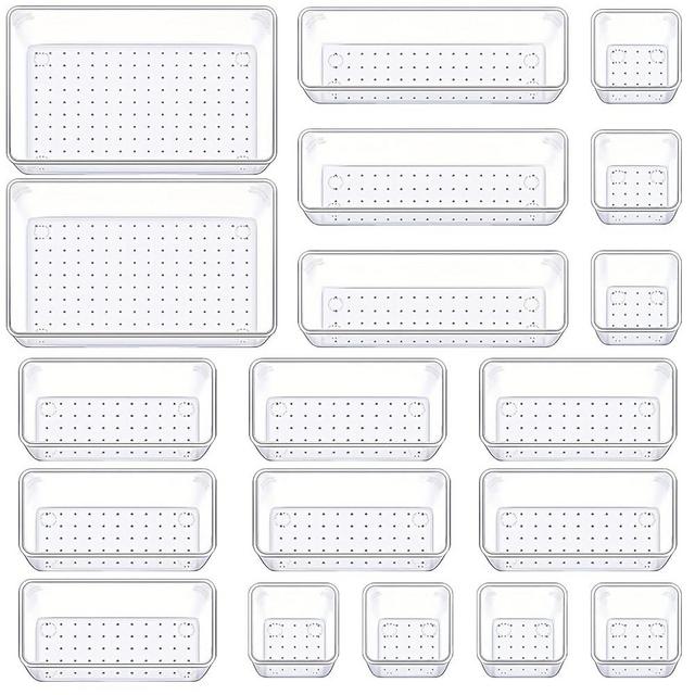 Manalete Drawer Organizers Set of 19, 4 Sizes Clear Plastic Drawer Organizers and Storage Bins for Kitchen, Bathroom, Office, Dresser Desk Drawer Organizer Tray for Jewelry, Makeup, Junk, Gadgets