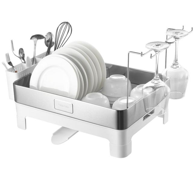 happimess Simple 20.5" Fingerprint-Proof Stainless Steel Dish Drying Rack with Swivel Spout Tray and Wine Glass Holder, Stainless Steel/White