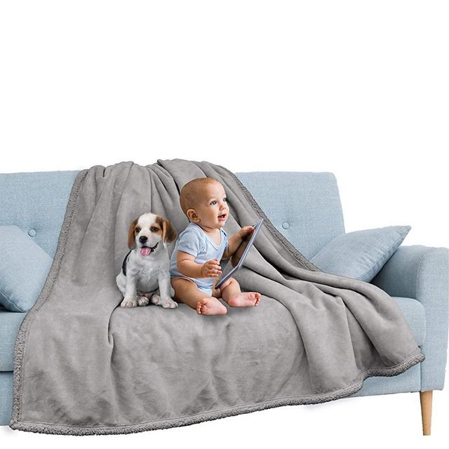 PAVILIA Waterproof Blanket for Couch, Sofa | Waterproof Dog Blanket for Large Dog, Puppy, Cat | Pet Blanket Protector | Plush Soft Warm Fuzzy Sherpa Blanket Bed Throw, Light Grey, 90x90