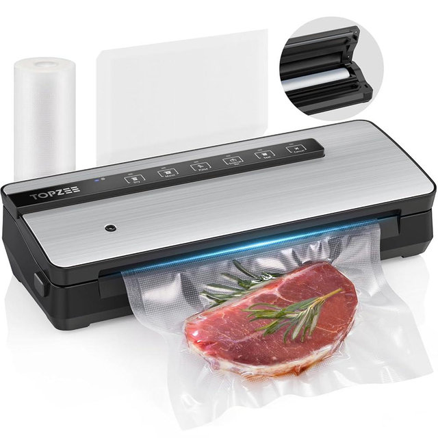 Vacuum Sealer for Food - 90kpa Vacuum Sealer Machine with Bags Storage and Built-in Cutter, Food Sealer with External Vac Function, Dry Moist Modes, Bag Roll included, Stainless Steel