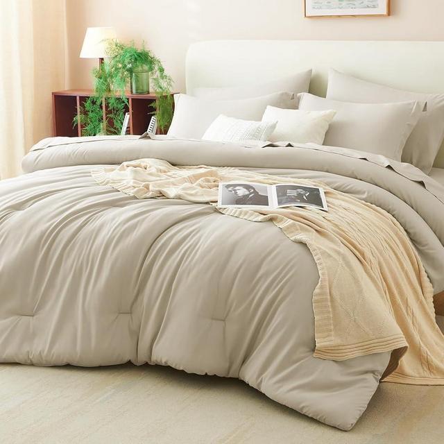 CozyLux King Comforter Set Oatmeal, 7 Pieces Bed in a Bag Soft Bedding Comforter Set with Sheets, All Season Boho 7PC Bed Sets with Comforter, Fitted Sheets, Flat Sheets, Pillow Shams and Pillowcases