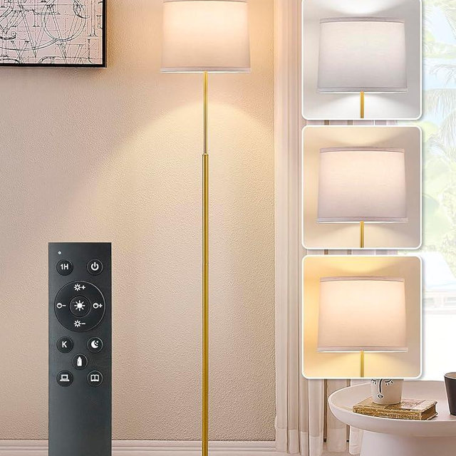 60" Modern Floor Lamp for Living Room, Standing Lamp with White Linen Lampshade, Remote and Foot Switch, Tall Lamp with A19 9W 3000K-6000K Color Temperature 10%-100% Brightness Dimmable Bulb, Gold