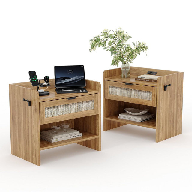 Rattan Nightstand Set of 2, Nightstand with Charging Station & Type-C Port, Boho Bedside Table with Drawer and Open Shelf, End Table