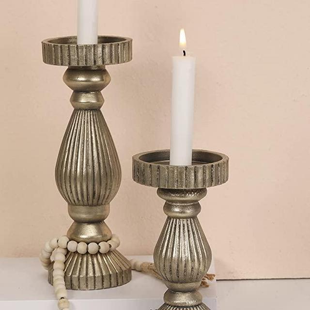 DN DECONATION Wood Candle Holders for Pillar Candles, Distressed Gold Candlestick Holder, Rustic Farmhouse Candlestick Holder for Autumn, Wedding Party, Mantle, Dining Table Decoration