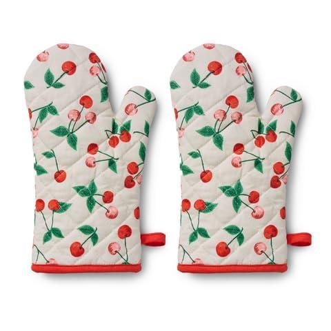 RIFLE PAPER CO. Oven Mitt Set | 100% Cotton Heat Resistant Oven Glove | Protects from Temperatures Up to 450° Fahrenheit | Diamond Quilted 12" L x 7" W | Cherries