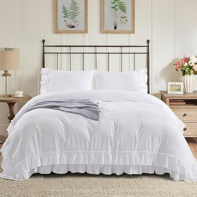 HIG 3 Piece Chic King Ruffle Duvet Cover Off White Handmade Rustic Ruffle - 100 Pre-Washed Microfiber Bedding Natural Wrinkle & Breathable Zipper Closure & Corner Ties (Hans), Hans-Off White