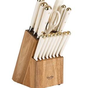 Martha Stewart 16 Piece Lockton Stainless Steel Cutlery Acacia Wood Block Set, Color Linen