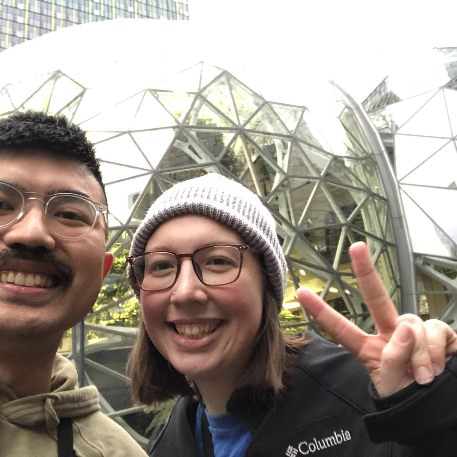 We were in Seattle for Michael's company holiday party and we had a few hours the morning of our flight back home to walk around and explore! Here's us in front of the Amazon Spheres!