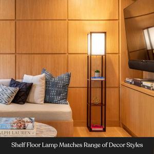 Brightech Maxwell - Modern Shelf Floor Lamp with Lamp Shade & Warm White LED Bulb, Corner Display Floor Lamp with Shelves for Living Room, Bedroom, Nightstand Office, Home Decor Storage - Walnut Brown