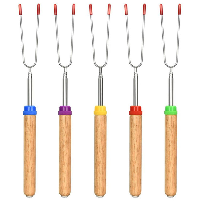 5 Pack Rotating Marshmallow Roasting Sticks, Rotating Roasting Sticks Extendable 30in Long Metal with Wooden Handle, for Marshmallow, Hot Dogs, Camping(5 Pack)