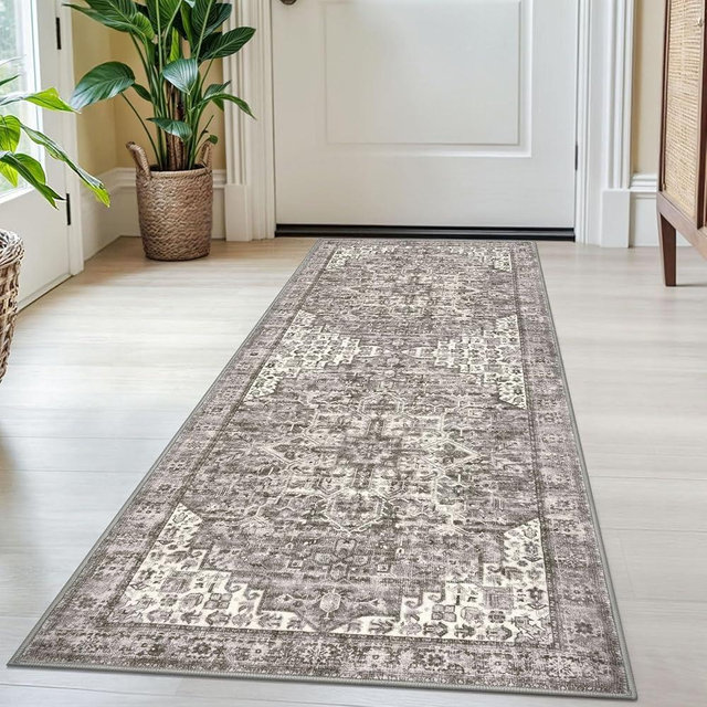 SIILOOM 2x5 Runner Rug for Hallways, Taupe Non-Slip Printed Washable Kitchen Runners, Vintage Boho Rugs with Non-Shedding, Soft Medallion Floor Carpet for Laundry Bedroom Entryway