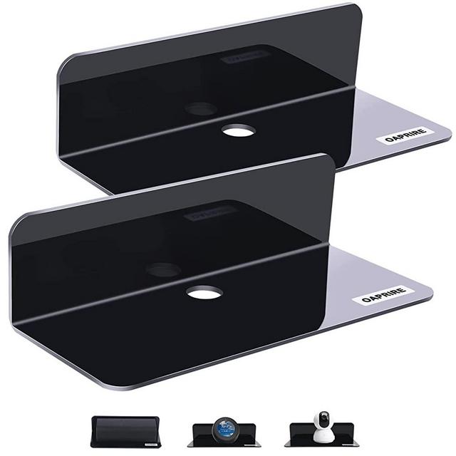 OAPRIRE Acrylic Floating Wall Shelves Set of 2, Damage-Free Expand Wall Space, Small Display Shelf for Smart Speaker /Action Figures with Cable Clips