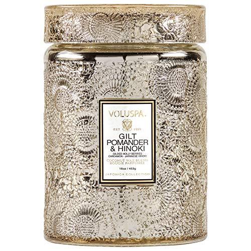 Voluspa Gilt Pomander and Hinoki Embossed Glass Jar with Glass Lid, 16 Ounces
