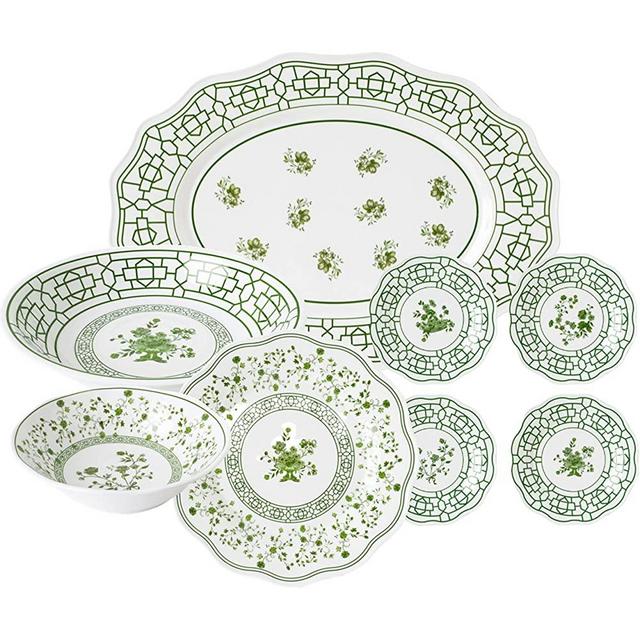 Green & White Dinnerware Set for 4 - Melamine Dinnerware Serving Dishes for Entertaining & Dining - Outdoor Plates & Bowl Sets for 4 - Spring Garden Dish & Dinner Plate Serving Set by Enchanted Home