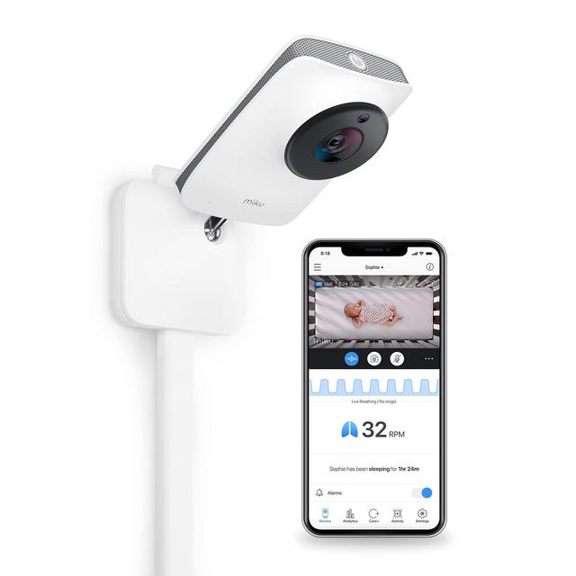 Miku Pro Contact-Free Breathing Sleep Tracking Monitor - Real-Time Smart Baby Monitor Wall Mount - HD Video Baby Monitor with Camera Audio, Night Vision, Humidity Temperature - Two-Way Talk