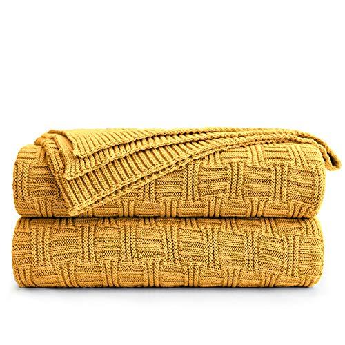 Longhui bedding Cotton Mustard Yellow Knit Throw Blanket for Couch Sofa Beach Chair Bed Home Decorative Soft Warm Cozy Cable Lightweight Knitted Blankets,50 x 60 Inch, 2.2 Pounds