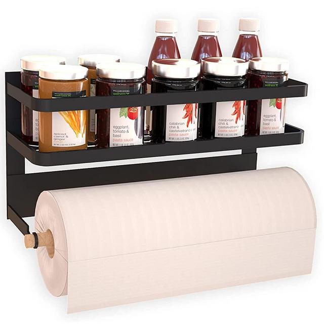 Magnetic Paper Towel Holder Spice Rack for Refrigerator with Hooks,Paper Towel Rack Storage Organizer Fridge Shelf Multi Function Made of Iron,Used for Kitchen,Bathroom, Drill Free (B-Black)