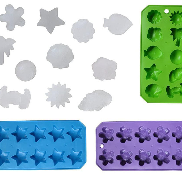 Chef Craft Set of 3 Flexible Shaped Ice Cube Trays. Sun, Star, Flower, Tree and Sealife. Fun Party Combo, Silver