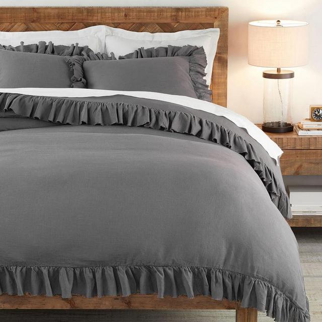 Charcoal Belgian Flax Linen Fringe Ruffle Duvet Cover, King/Cal. King