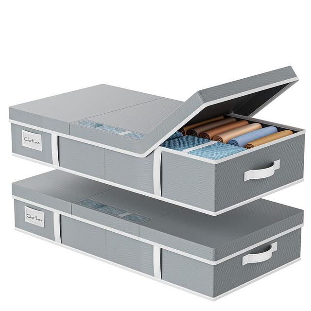 Yecaye 2 Pack Under Bed Storage Containers, Large Underbed Storage Drawers with Lid, Foldable Low Profile Stackable Bins with Clear Window & 4 Handles for Clothes, Blanket, Shoes, Grey, 31.5*15.75*6in