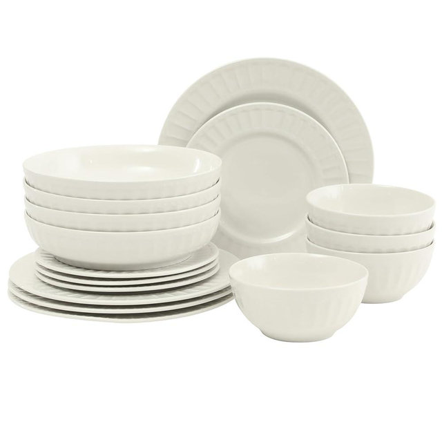 Gibson Home Melbourne White Plates and Bowls Set, 16 Piece Embossed Ceramic Dinnerware Set - Service for 4 Dishes - With Pasta Bowl