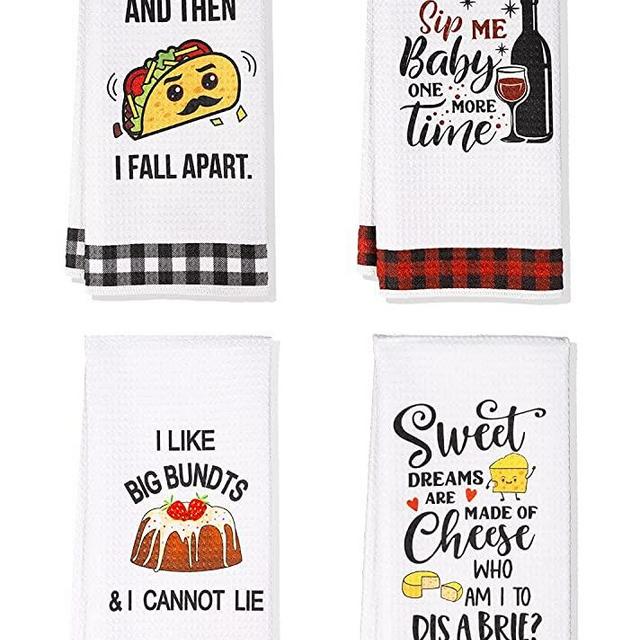 Funny Kitchen Towels, Cute Decorative Dish Towels Sets, Absorbent Waffle Hand Towels, Housewarming Gifts for New Home, Women, Mom, Set of 4, Funny House Warming Presents, Hostess Gifts