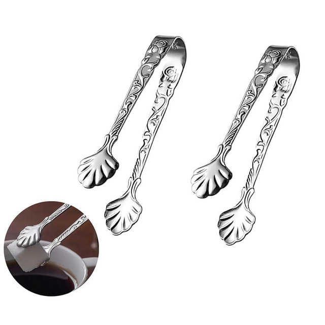 Xzhixiao 2pcs Stainless Steel Rose Design U-shaped Tongs, Mini Sugar Cube Ice Tongs for Tea Party Coffee Bar (Silver)
