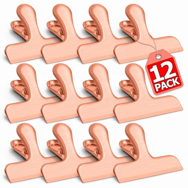 VNDUEEY 12 Pack Stainless Steel Chip Bag Clips, Chip Clips for Food Bags, Air Tight Seal Bag Clip for Snack, Heavy Duty Clip for Office and Kitchen - 3 Inches, Rose Gold