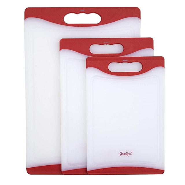 Goodful Slip Cutting Boards, 3 Piece Set, Made without BPA, Dishwasher Safe, Easy Grip Handles, Built-In Juice Well, Non-Porous & Anti Microbial, Red