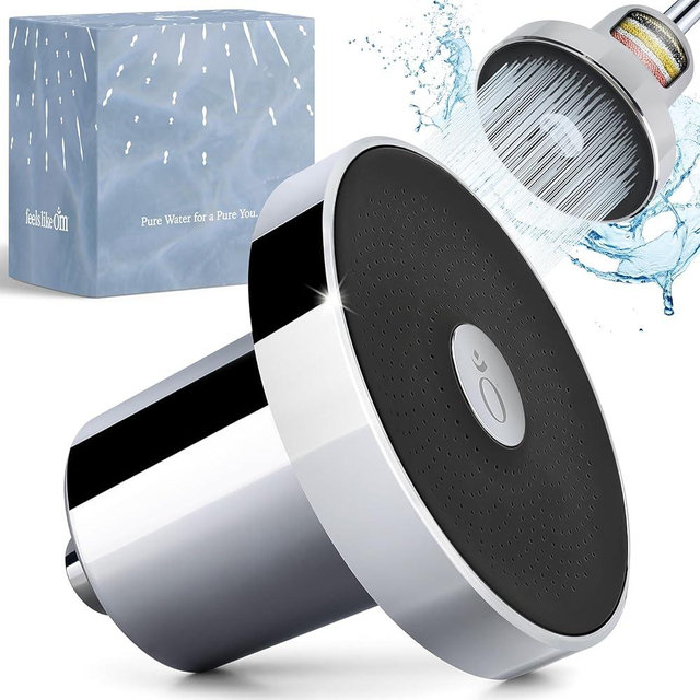 Feels Like Om Filtered Shower Head with Water Softener - Shower Filters to Remove Toxic Chemicals & 98% of Chlorine - High Pressure Filter for Hard Water - Tested Shower Filter for Hair and Skin