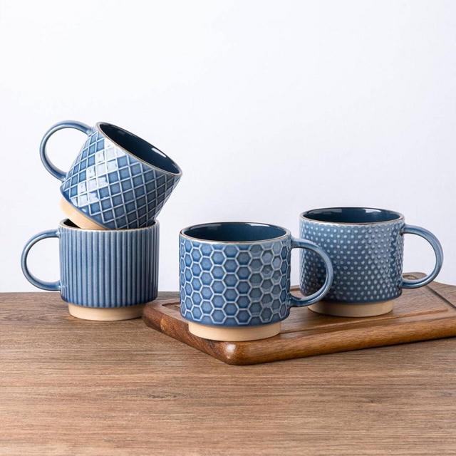 GBHOME 12 OZ Stackable Coffee Mugs, Ceramic Coffee Mugs with Texture Patterns for Man,Woman,Dad,Mom, Modern Coffee Mugs Set of 4 for Latte/Cappuccino/Cocoa. Dishwasher&Microwave Safe