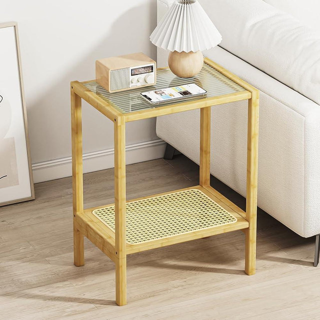 Bamworld Side Table Nature Rattan Night Stand Glass End Table 2-Tier with Storage Boho Bedside Table for Small Spaces Bamboo Coffee Table for Bedroom Living Room