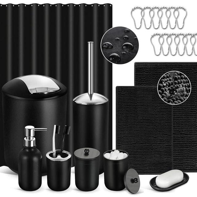 ALPIRIRAL Black Bathroom Accessories Set, 22Pcs Bathroom Sets with Shower Curtain and Rugs, Bathroom Accessories Sets Complete with Trash Can, Non-Slip Bathroom Rugs Super Absorbent