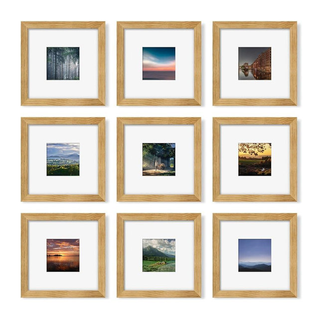 YESKAY 8x8 Picture Frame Set of 9, Photo Gallery Wall Frame Set, Display Pictures 4x4 with Mat or 8 x 8 Without Mat, Square Frame Picture Frames Collage Wall Decor, Natural Oak