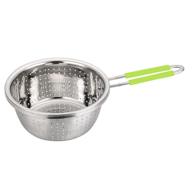 Stainless Steel Perforated Colander Strainer with Long Green Handle Sieve Sifters Use for Kitchen Food Pasta Noodles Spaghetti Vegetables Silver - 7.9inch