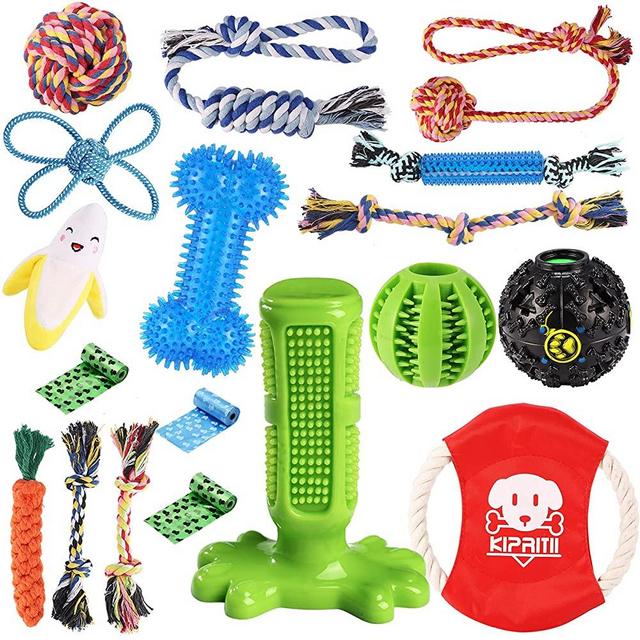 KIPRITII Dog Chew Toys for Puppy - 18 Pack Puppies Teething Chew Toys for Boredom, Pet Dog Toothbrush Chew Toys with Rope Toys, IQ Ball and More Squeaky Toy for Puppy and Small Dogs