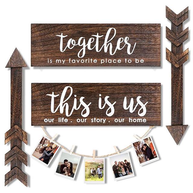 AerWo 4pcs Rustic Wall Decor Wooden Sign, This is Us Wooden Wall Art Signs and Together Signs Rustic Hanging Wooden Signs with 2pcs Wooden Arrows Farmhouse Wall Decor for Home Laundry Living Room