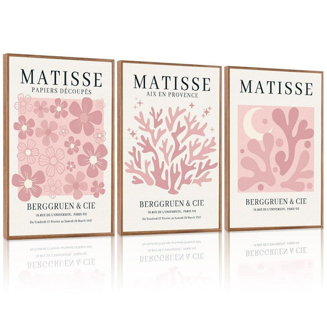 HLNIUC Pink Matisse Picasso Framed Wall Art,Neutral Pink Flower Canvas Wall Decor Set of 3(16”x24’) Modern Aesthetic Pictures Wall Painting,Abstract Floral Market Art Print for Living Room,Bedroom