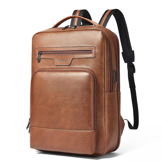 Shrrie Leather Laptop Backpack for Women and Men,28 L Travel Backpack Computer Bag Fits 16 inch Laptop,Expandable Casual Daypack with USB Port for Work Business Weekender College,Brown