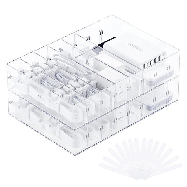 FRETONBA 2Pcs Cable Charger Organizer Box, Large Cords Storage Organizer with Adjustable Compartments and Wire Ties, Stackable Cord Organizer for Drawer - Clear