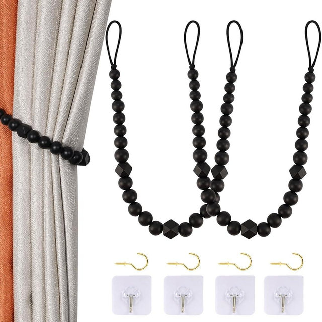 Wood Bead Curtain Tiebacks, KLOGTSIND Set of 2 Curtain Holdbacks for Thin or Thick Window Draperies, Boho Farmhouse Curtain Tiebacks with Hooks, Curtain Tie Backs for Home Office Room Decor