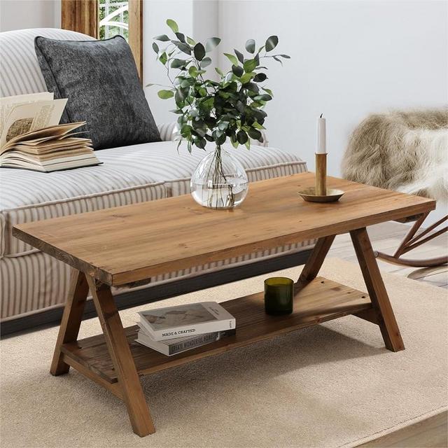 HOKYHOKY Solid Wood Coffee Table - 42.5” Pinewood Farmhouse Rustic Wooden Coffee Tables for Living Room, Solid Pinewood Rectangle Coffee Table, Center Table for Living Room, Brown